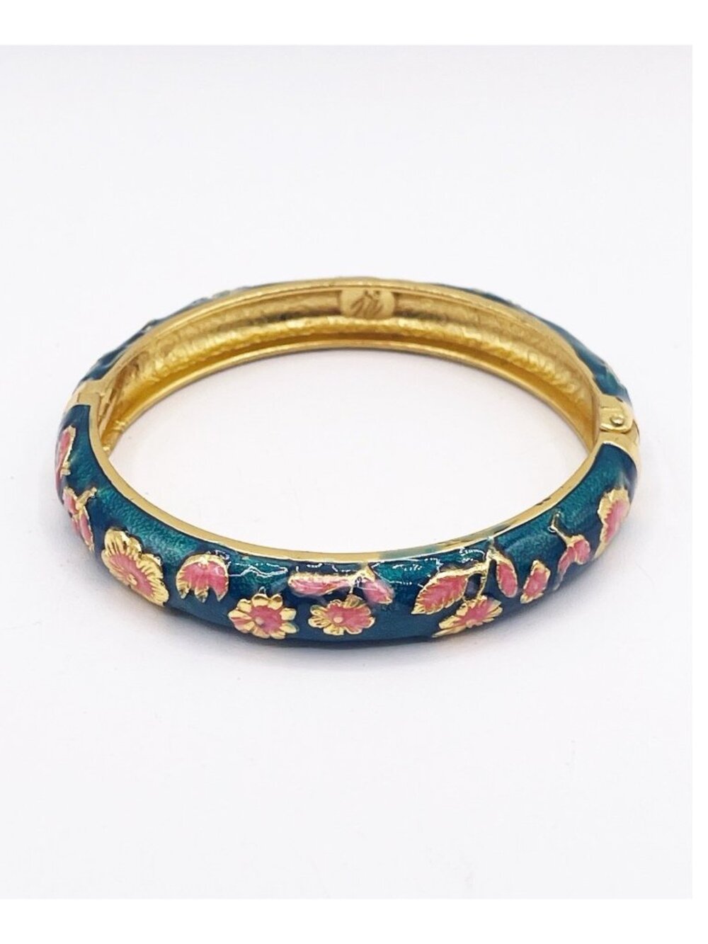 Jiu Long Xing Gold Tone Cloisonne Hinged Bangle Bracelet Floral Stackable